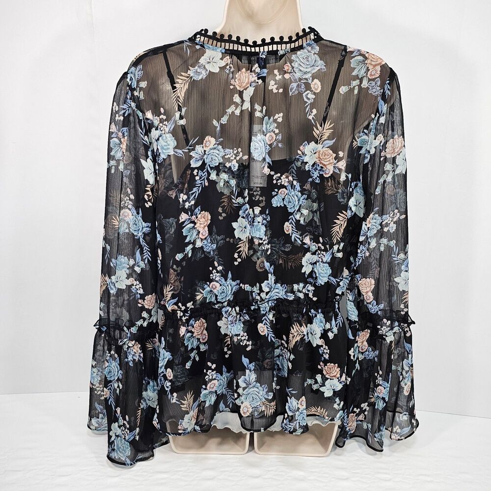 WHBM Black Floral Sheer Peplum Blouse & Camisole Size M Romantic Bell Sleeve - Picture 3 of 9